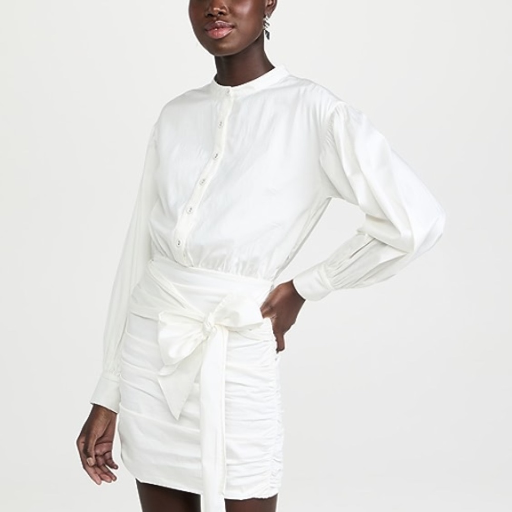 Ramy Brook Lorde Puff Sleeve Ruched Belted White Dress SZ 12